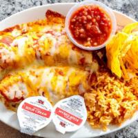 Enchiladas · Two chicken or beef. Cheese or combo topped with red sauce