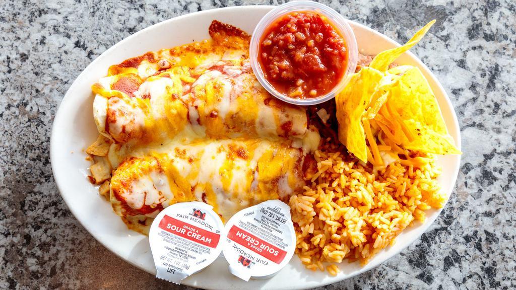 Enchiladas · Two chicken or beef. Cheese or combo topped with red sauce