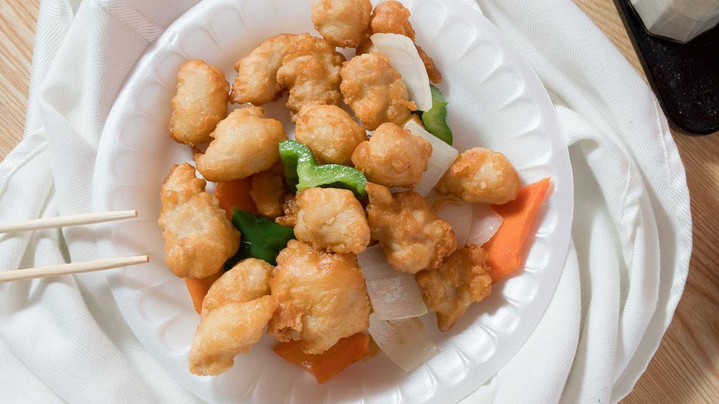 Sweet & Sour Chicken · Deep-fried breaded chicken, onion, carrots, green pepper with sweet and sour sauce.