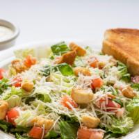 Caesar Salad · Romaine, red onions, fresh Parmesan, tomatoes, tossed with Caesar dressing and a slice of ga...