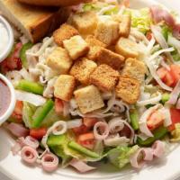 Chef Salad · Lettuce mix, ham, turkey, tomatoes, mozzarella and cheddar cheese, sliced egg, croutons, cho...
