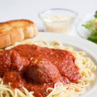 Spaghetti With Meatballs · Served with our own made-from-scratch Italian red sauce and two meatballs.