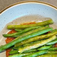 Seared Green Beans · Seared green beans served with tomato 'Nduja and additional pickled green beans.