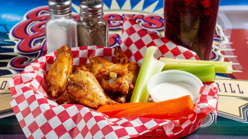 Bone-In Wings · Baked and fried crispy to finish.  Tossed in Buffalo, BBQ, Sweet Teriyaki.  Served with carrots, celery, ranch or blue cheese dressing.