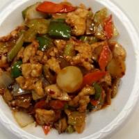 Szechuan Chicken · Spicy. Sliced chicken with water chestnuts, carrots, mushrooms, green peppers, and onion in ...