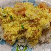 Shrimp With Scramble Eggs Over Rice · Served with fried rice or white rice.