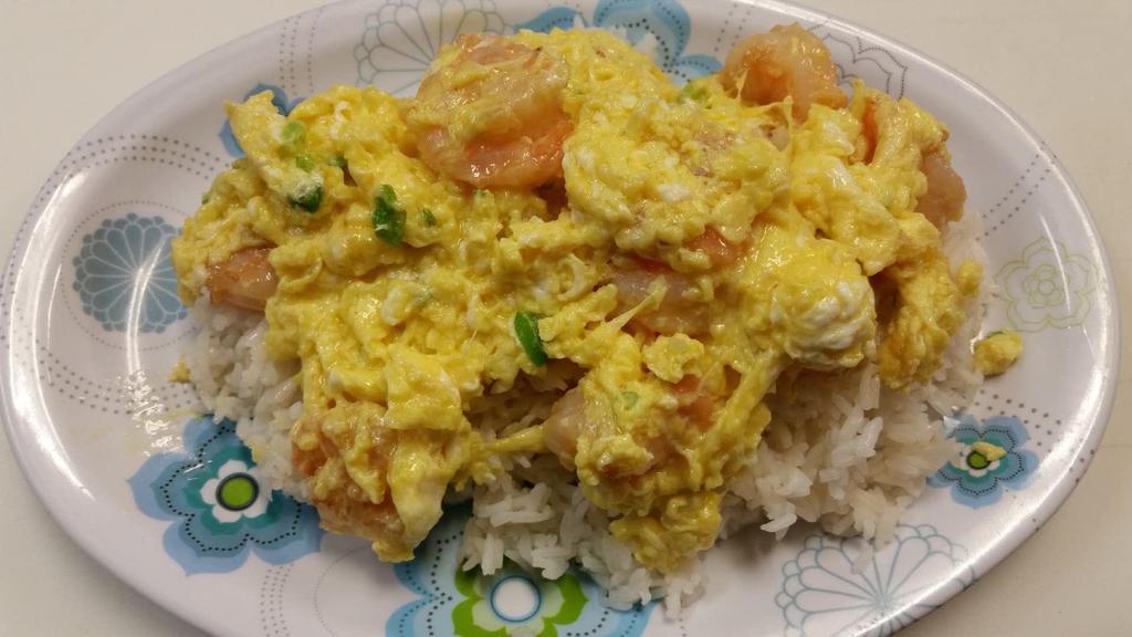 Shrimp With Scramble Eggs Over Rice · Served with fried rice or white rice.
