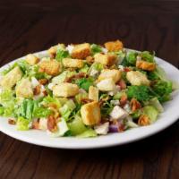 Chopped Salad · Finely chopped romaine and iceberg lettuce, spinach leaves, grilled chicken, green pepper, r...