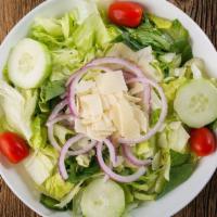Side Salad · Romaine and iceberg lettuce, spinach leaves, cucumbers, grape tomatoes, red onion, and shave...