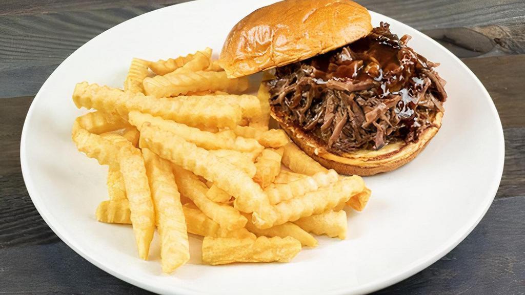 Bbq Beef Sandwich · Rich, flavorful cuts of beef, cooked slow with a special blend of herbs and spices until they’re pull-apart tender. Served on a brioche bun.