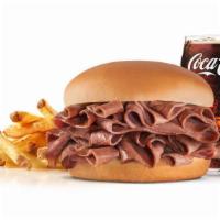 Big Roast Beef Combo · Sliced roast beef, on a potato bun. Served with Horseradish or BBQ. Served with Fries and a ...