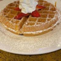 Healthy Waffle · One waffle with granola, yogurt, fresh sliced strawberries, blackberries and blueberries.