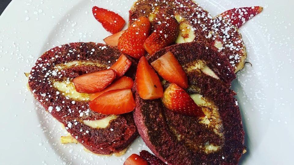 Red Velvet French Toast · With strawberries.