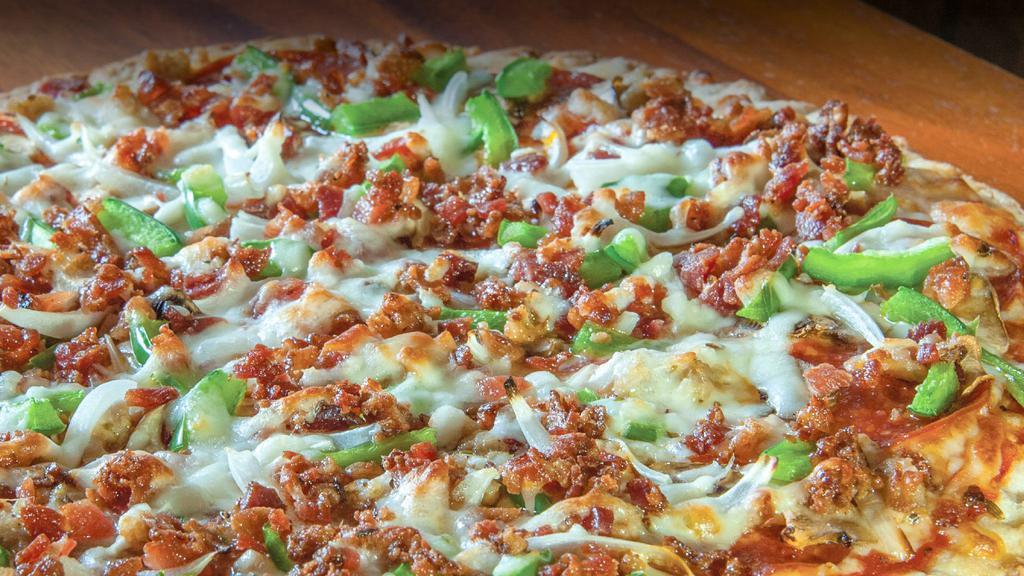 The Works · CLASSIC RED SAUCE, MOZZARELLA & MUENSTER CHEESE, PEPPERONI, ITALIAN SAUSAGE, BACON, WHITE MUSHROOMS, WHITE ONIONS, GREEN PEPPERS