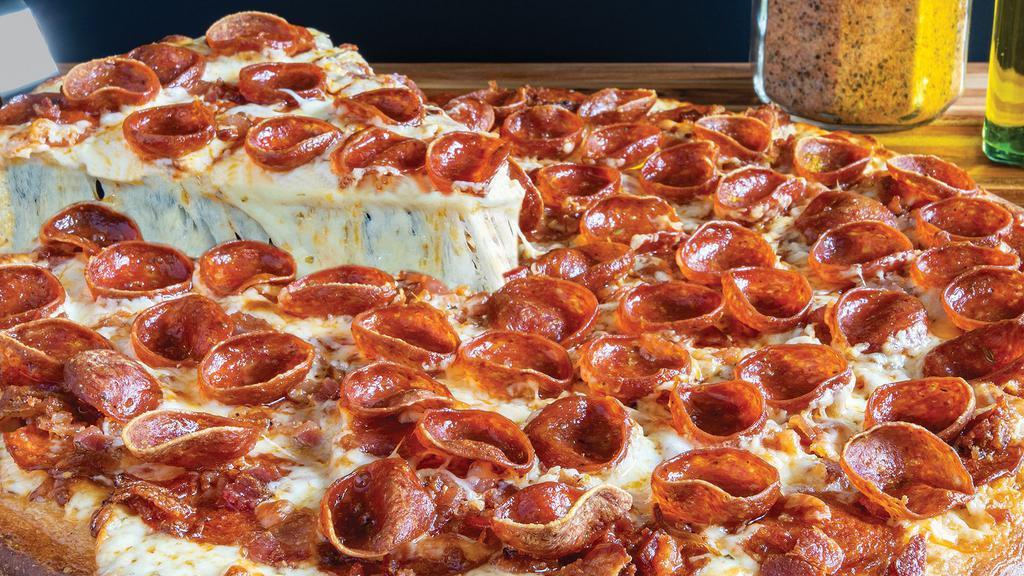 Bacon The Double Pepperoni · CLASSIC RED SAUCE, MOZZARELLA & MUENSTER CHEESE, BACON, EXTRA CRISPY-CURL & CLASSIC PEPPERONI