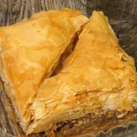 Baklava  · A flakey sweet Greek dessert with mixed nuts inside and a hint of cinnamon