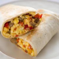 Sausage And Red Pepper Scramble Wrap · Flour tortilla, sausage, red peppers, cheddar, scrambled eggs.