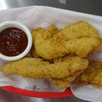 Chicken Strips · Fresh cut and hand breaded chicken breast served with your favorite dipping sauce.
