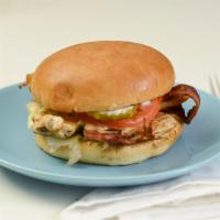Chicken Club Sandwich · Grilled chicken with lettuce, tomato, pickle, Swiss, mayo & bacon on a Burger Bun