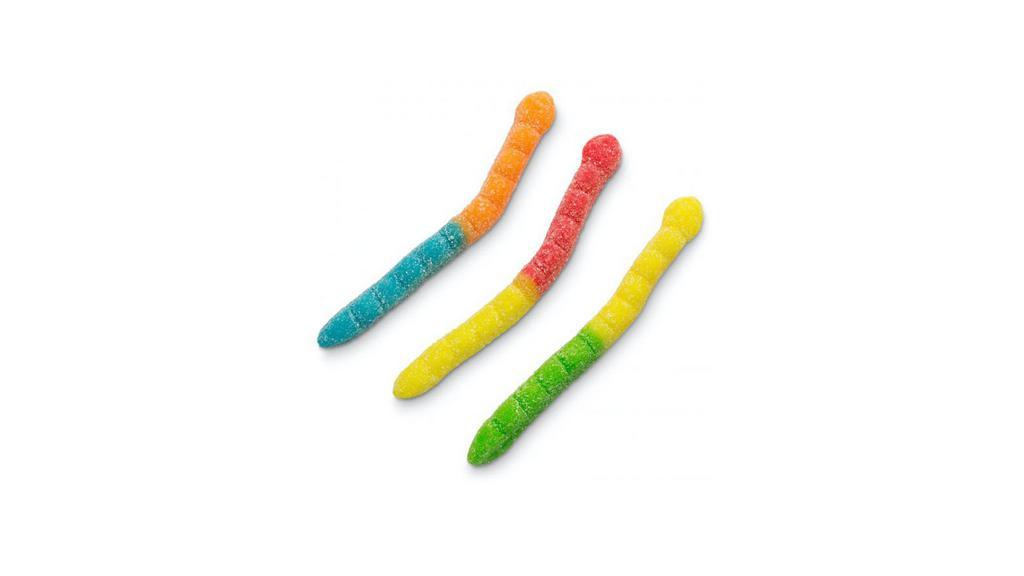 Sour Gummi Neon Worms · Pucker up for these sour wiggly worms. A wild assortment of 3 dual-flavored sour dusted gummi worms. Flavors included: blue raspberry, lemon, orange, cherry, and green apple.