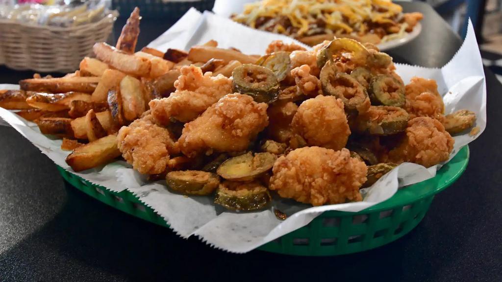 Jalapeno Chicken & Side · Twelve to fifteen pieces of boneless chicken chunks topped with battered&fried jalapenos with your choice of dipping sauce. Served with your choice of side