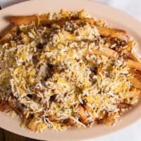 Large Chili Cheese Fries · Fresh cut fries (Tossed in our 'Ron's Seasoning Salt') topped with our homemade chili and a ...