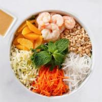 Thai & Stop Me · Arugula, mixed greens, citrus shrimp, orange slices, daikon radish, napa cabbage, carrot, ba...