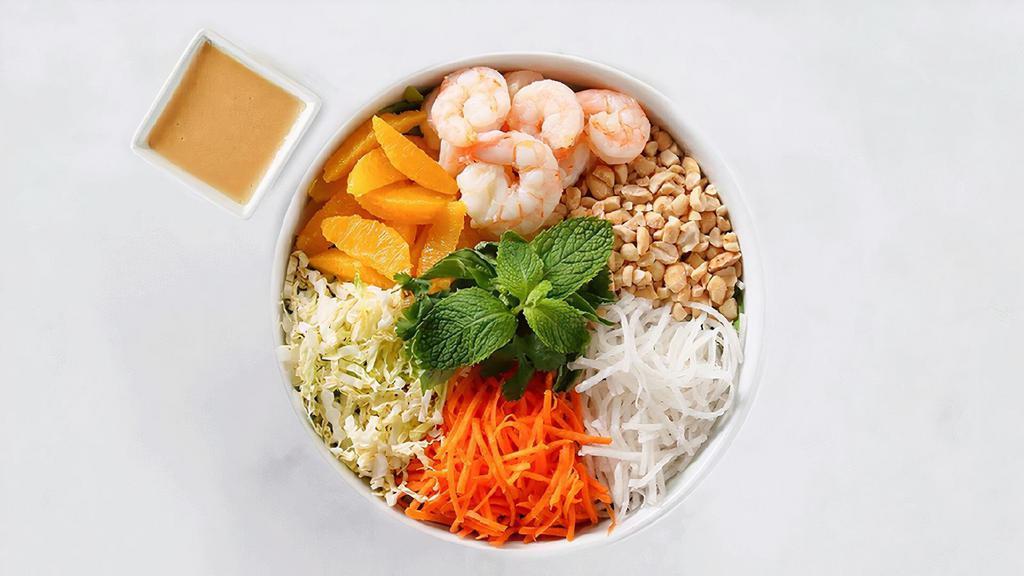 Thai & Stop Me · Arugula, mixed greens, citrus shrimp, orange slices, daikon radish, napa cabbage, carrot, basil, mint, cilantro, peanuts, lime squeeze, & Thai peanut dressing.