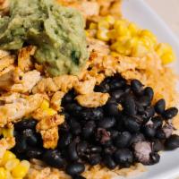 Potrillos Rice Bowl · Bowl filled with grilled chicken or steak, Mexican rice, black beans, corn, pico de gallo, s...