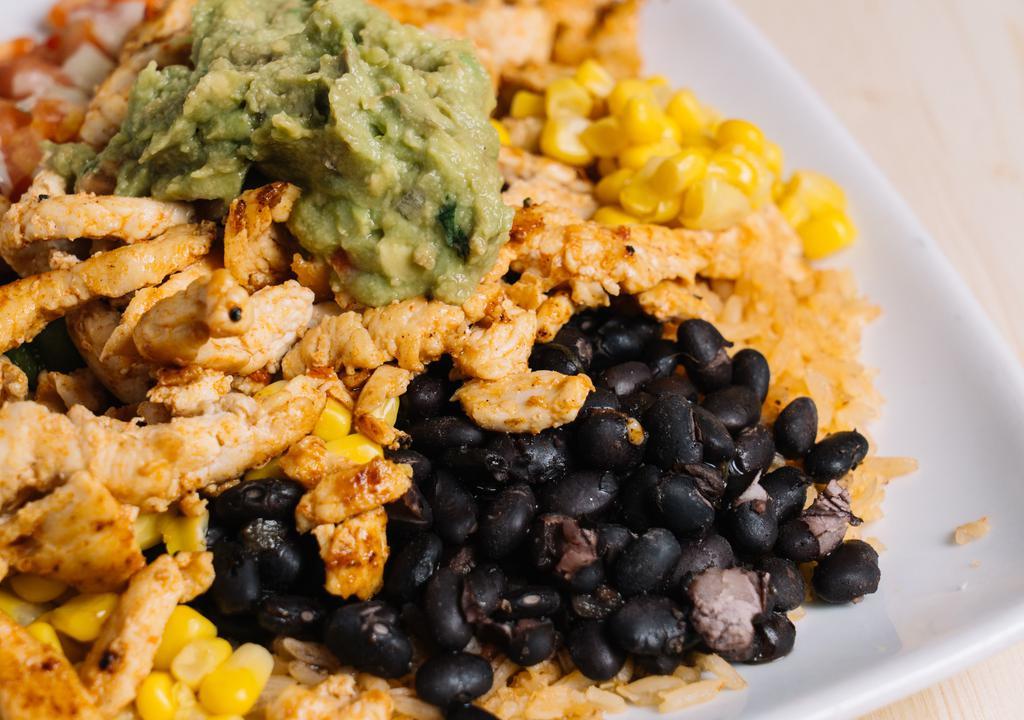 Potrillos Rice Bowl · Bowl filled with grilled chicken or steak, Mexican rice, black beans, corn, pico de gallo, shredded cheese and guacamole