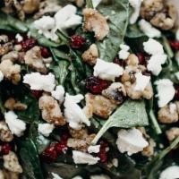 Harvest Salad · Baby spinach, goat cheese, dried cranberries, candied walnuts, balsamic vinaigrette