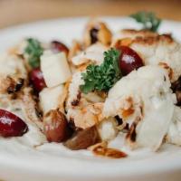 Roasted Cauliflower · Charred cauliflower puree, roasted red grapes, white cheddar, buttered almonds, white balsam...