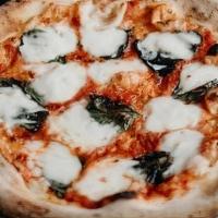 Margherita · Red tomato sauce, fresh basil, fresh mozzarella, extra virgin olive oil, cracked sea salt