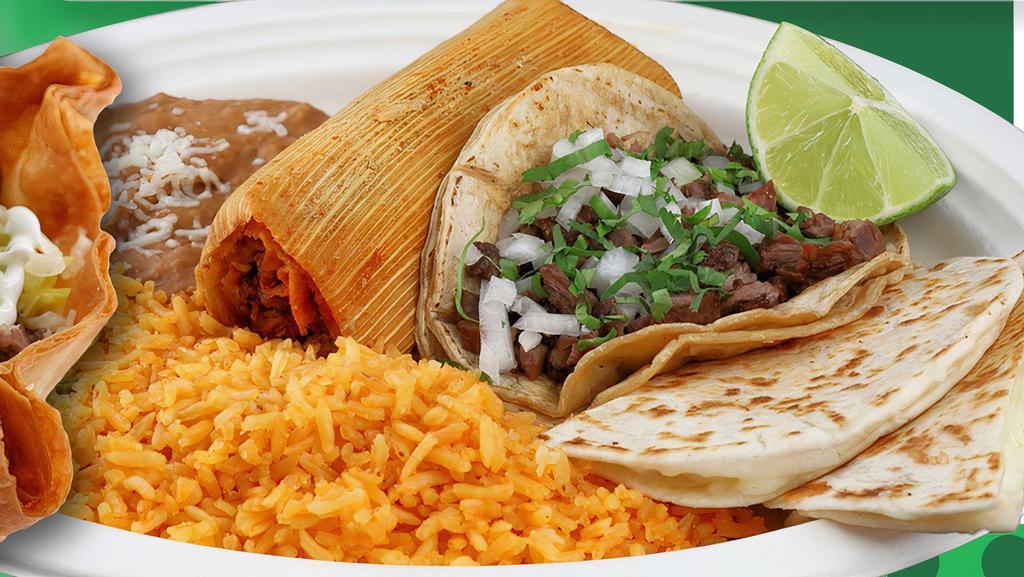 Cilantro Dinner · 1 taco, 1 tamales & 1 quesadilla.