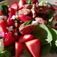 Strawberry Spinach · Sliced strawberries, diced red onion, goat cheese and candied pecans on fresh spinach. Serve...