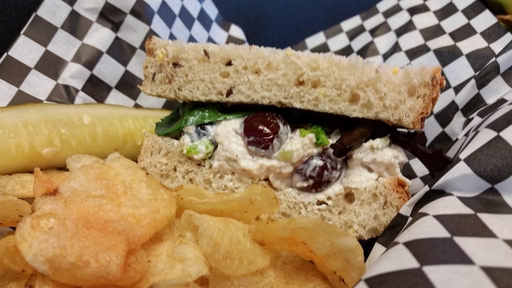 Chicken Salad Sandwich · Chicken, celery, grapes and walnuts combined with mayo, topped with mixed greens on multigrain bread