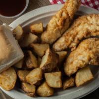 Tender Snack · Three skinless boneless chicken tenders served with one side dish, a dipping sauce and a rol...