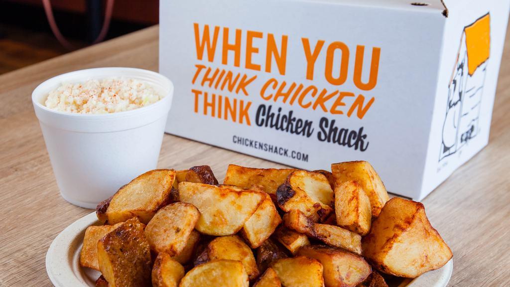 Tender Bucket · 15 chicken tenders served with two side dishes (shack potatoes, french fries, cole slaw, onion rings) and three dipping sauces (2 oz. bbq sauce, 2 oz. honey mustard, 2 oz. ranch, 2 oz. hot and spicy).