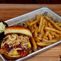 Bbq Burger · This meal includes 100 percent Angus beef brisket cheeseburger that is topped with bacon, pu...