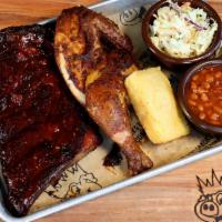 Chicken & Rib Combo · 1/2 chicken and 1/2 slab of ribs Baby Back or St Louis. Served with cornbread and your choic...