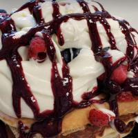 Triple Berry Pancake · Topped with mixed berries, mascarpone, berry sauce.