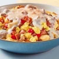 Three Smothered Piggies · Don't decide, have ALL the meats! Seasoned country potatoes, scrambled eggs mixed in with sa...