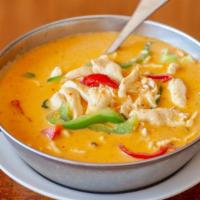 Panang Curry · Spicy. Your choice of sliced meat in panang curry pasta mix with coconut milk, bell peppers,...