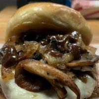 A`1 Mushroom Burger · Mushrooms and Caramelized Onions topped with a White Cheddar Mozzarella Cheese A1 steak sauce