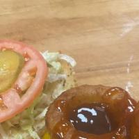 Drunken Cowboy · Shredded Lettuce, Sliced Tomato, Pickles, Jumbo Onion Ring, Bourbon BBQ Sauce, and Cheddar C...