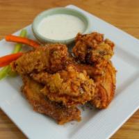 Half Order Bone-In Broasted Wings · Crispy, Juicy, And Freshly Cooked To Order. Served ranch or bleu cheese (each extra/ .75)