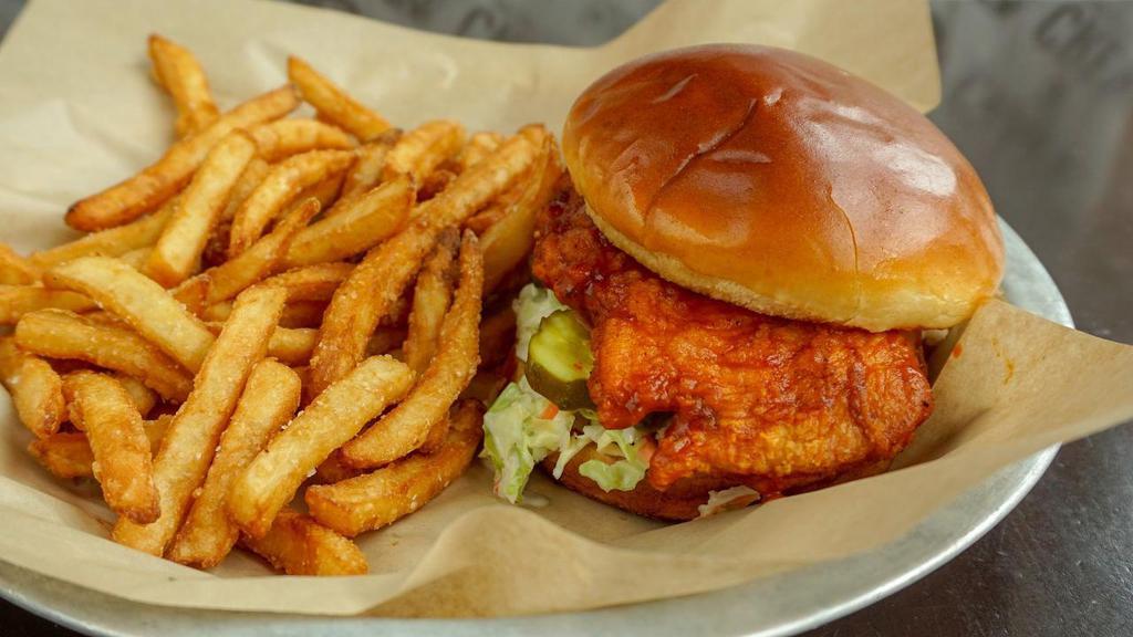 Hot Chicken Sandwich · Our juicy broasted chicken breast topped with sweet. chili coleslaw and house pickles served original or. Hot Chic