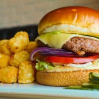 All-American Beyond Burger · Chao vegan cheese, shredded lettuce, red onion, house pickles, and vegan 1000