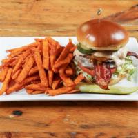 Longfellow Burger · Two 1/4 lb patties stacked with aged cheddar, provolone, bacon, lettuce, tomatoes, pickles, ...