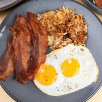Early Bird · Gluten free. Two eggs any style, hash browns, your choice of thick cut bacon, turkey or peer...